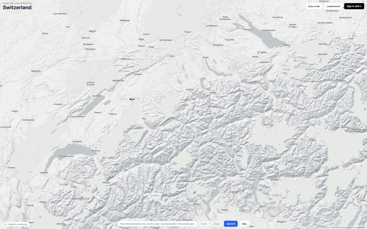 A relief map of Switzerland with no borders or country names, waiting for a line to be drawn