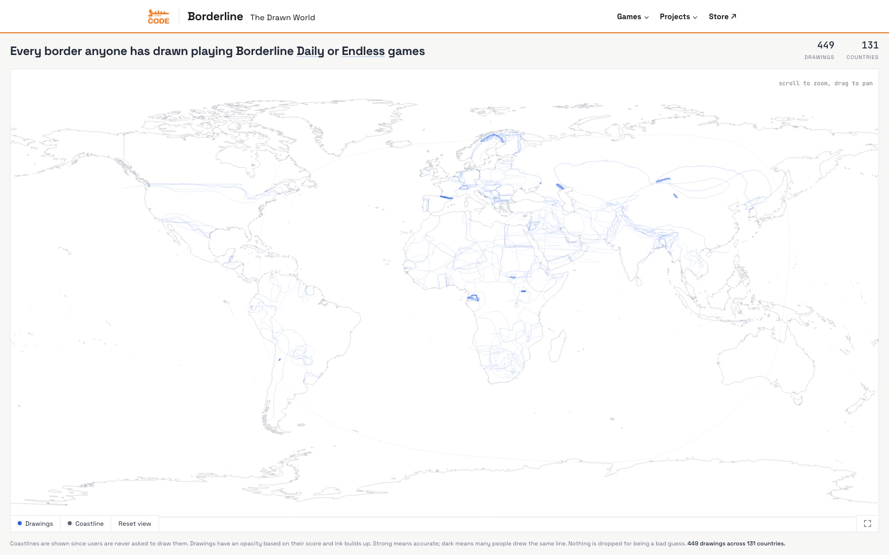 A world map with no country borders, only faint blue lines where players have drawn them from memory