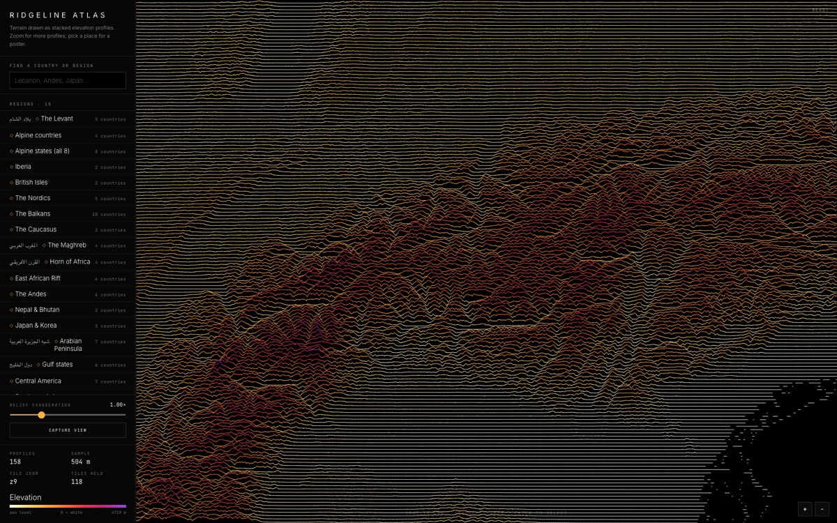 The Alps drawn as rows of stacked elevation profiles on black, peaks shading from white through amber to red